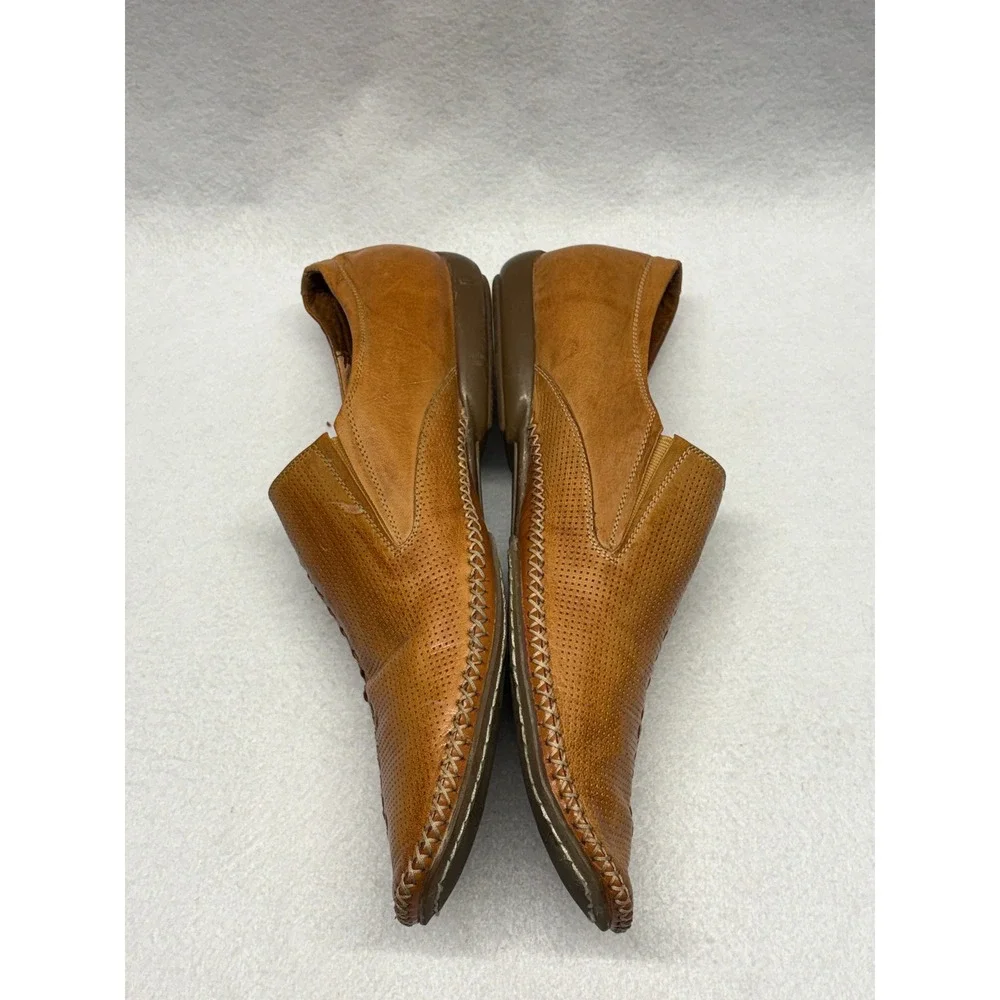 Jump for the People Mens Tan Leather Perforated Woven Slip On Loafers 10.5